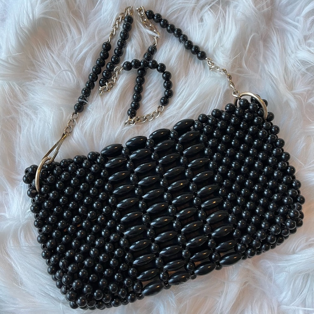 60s VINTAGE Black Beaded Purse with Adjustable Bead/Goldtone Metal Chain